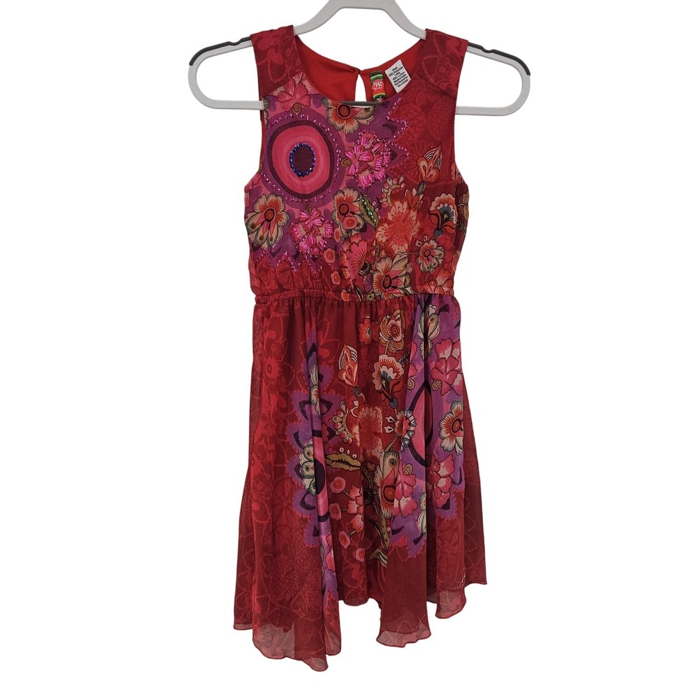 Desigual Dress Girls 11/12 Red Pink Floral Sequin Lined‎ Asym Hem Party 61V32C5